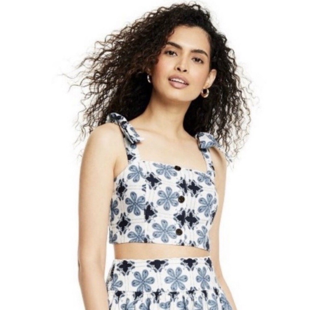Agua Bendita Coral Floral Tile Top Blue White Size 2X Tie Straps Linen Blend